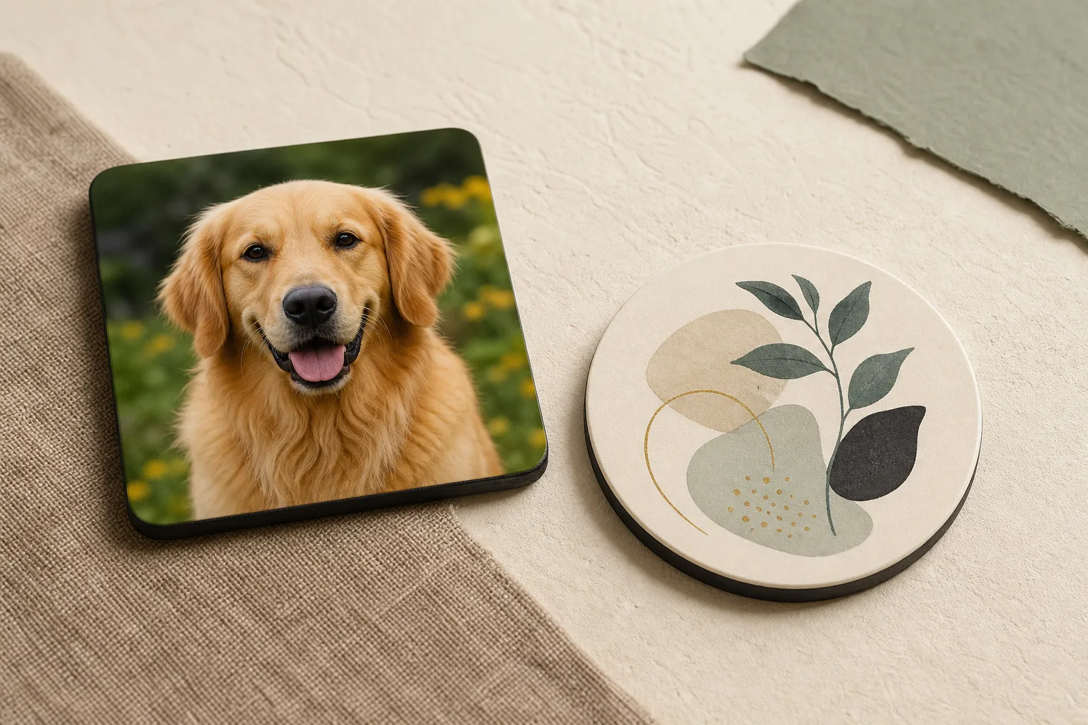 Concept square coaster featuring a golden retriever portrait