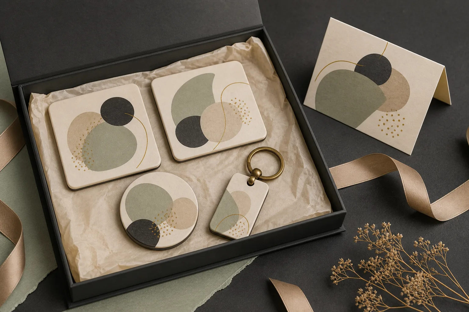 Concept small-batch client gift arrangement in warm premium packaging