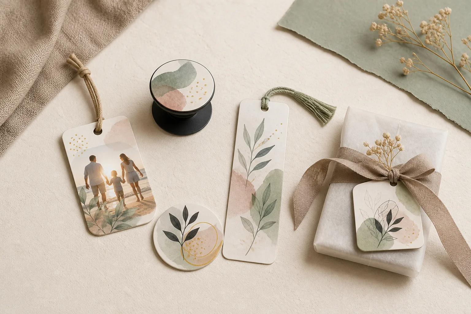 Concept custom gift tags, phone grip, coaster and wrapped gift with soft botanical artwork