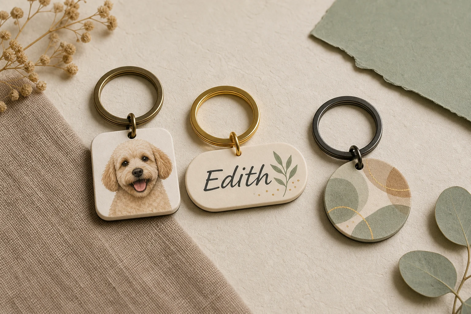 Concept keychains featuring simple pet artwork and a personalised name