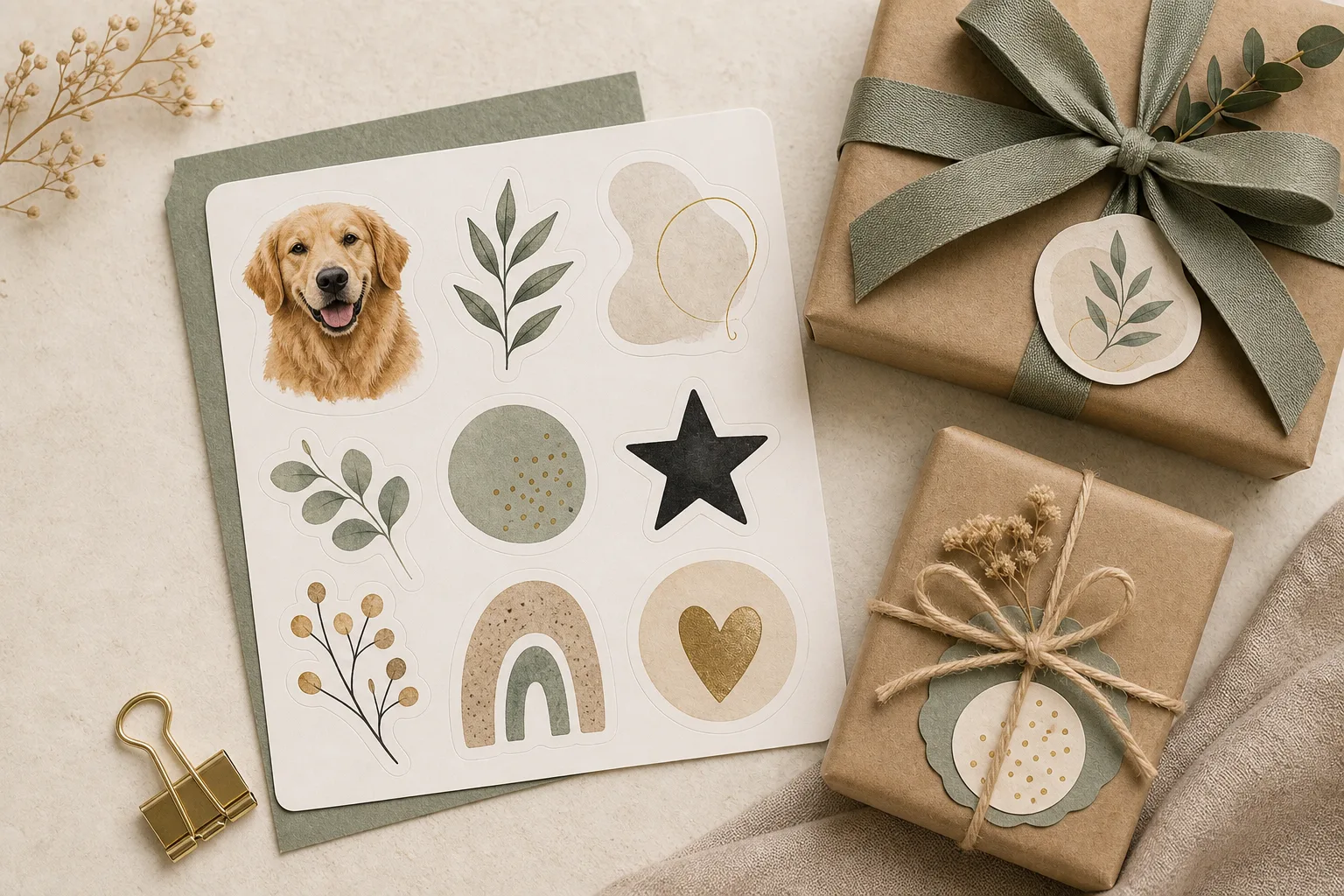 Concept custom sticker sheet arranged beside warm gift packaging